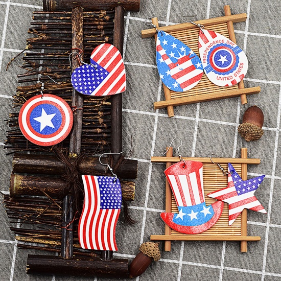 Picture of PU Leather American Independence Day Earrings Multicolor Drop Rocket 78mm x 38mm, 1 Pair