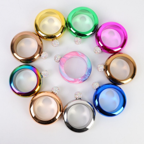 Picture of Pink - 304 Stainless Steel 100ml Portable Flask Wine Bottle Ring Bracelet For Women AB Color Rhinestone 11.9x10cm, 1 Piece