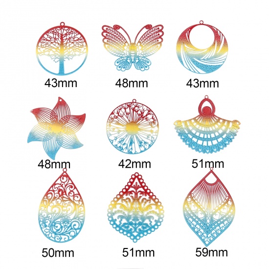 Picture of Iron Based Alloy Filigree Stamping Pendants Fan-shaped Multicolor 51mm x 45mm, 5 PCs