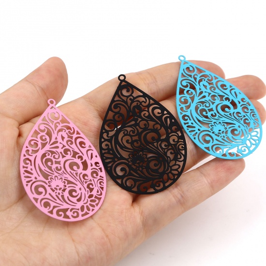 Picture of Iron Based Alloy Filigree Stamping Pendants Multicolor Matte Drop Painted