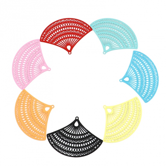 Picture of Iron Based Alloy Filigree Stamping Pendants Multicolor Matte Fan-shaped Painted