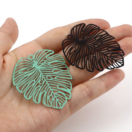 Picture of Iron Based Alloy Filigree Stamping Pendants Multicolor Matte Monstera Leaf Painted