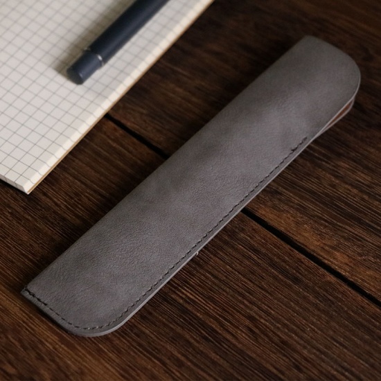 Immagine di Gray - PU Leather Portable Pen Cover Sleeve Holder For Pocket Office Student Stationery Supplies 16x3.6cm, 1 Piece