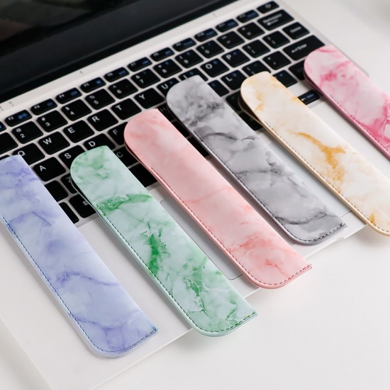 Immagine di Pale Lilac - Marbling PU Leather Portable Pen Cover Sleeve Holder For Pocket Office Student Stationery Supplies 16x3.6x0.2cm, 1 Piece