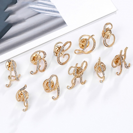 Picture of Pin Brooches Capital Alphabet/ Letter Message " Z " Gold Plated Clear Rhinestone 24mm x 18mm, 1 Piece