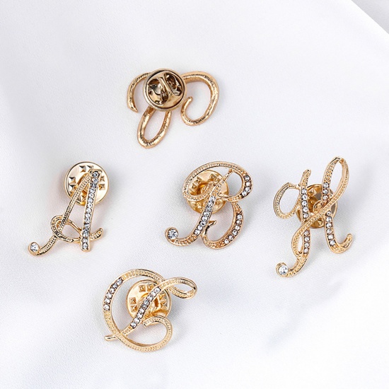 Picture of Pin Brooches Capital Alphabet/ Letter Message " Z " Gold Plated Clear Rhinestone 24mm x 18mm, 1 Piece