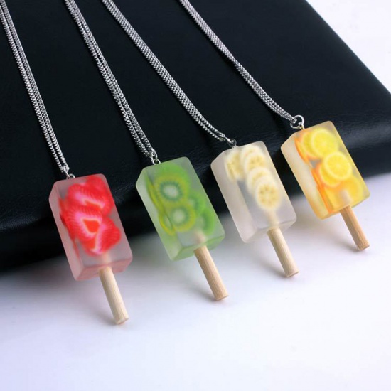 Picture of Resin & Wood Necklace Red Ice Lolly Banana Fruit 50cm(19 5/8") long, 1 Piece