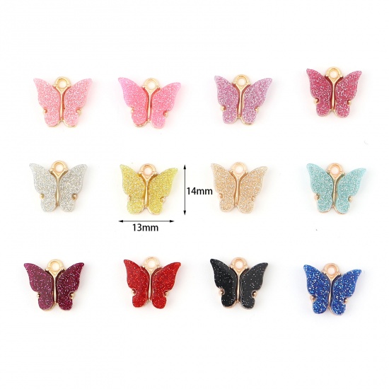 Picture of Zinc Based Alloy & Acrylic Insect Charms Butterfly Animal Gold Plated Multicolor Glitter 14mm x 13mm, 10 PCs