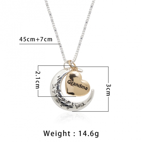 Picture of Necklace Gold Plated & Silver Tone Half Moon Heart Message " Mom " " I Love You To the moon and back " 45cm(17 6/8") long, 1 Piece