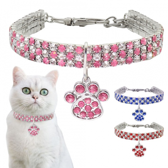 Picture of Light Pink - Rhinestone Elastic Pet Collar Necklace Jewelry Cat Dog Claw Pet Supplies 29.5cm long, 1 Piece