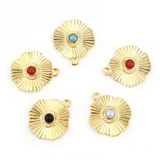 Picture of Zinc Based Alloy & Acrylic Charms Flower Gold Plated Gray Stripe 22mm x 19mm, 10 PCs