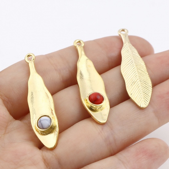Picture of Zinc Based Alloy & Acrylic Pendants Feather Gold Plated Black 39mm x 10mm, 10 PCs