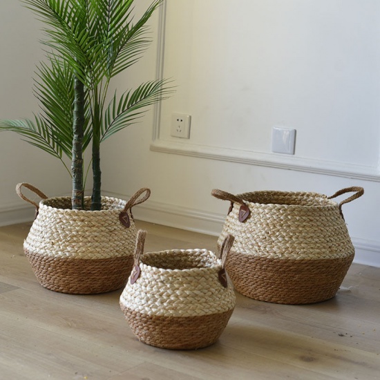 Изображение French Gray - Cotton Rope Corn Husk Hand-knitted Storage Basket With Waterproof Shell 38x30cm, 1 Piece