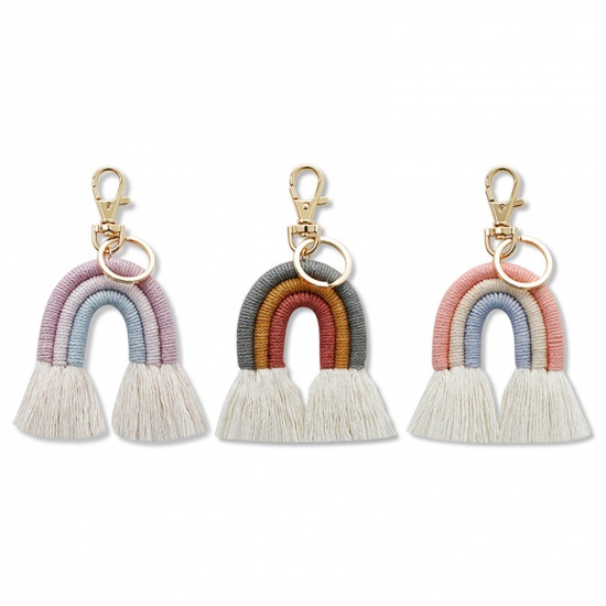 Picture of Zinc Based Alloy & Cotton Boho Chic Bohemia Keychain & Keyring Gold Plated Pink Rainbow Tassel 12cm x 6cm, 1 Piece