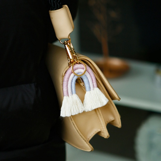 Picture of Zinc Based Alloy & Cotton Boho Chic Bohemia Keychain & Keyring Gold Plated Pink Rainbow Tassel 12cm x 6cm, 1 Piece