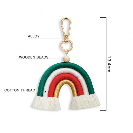 Picture of Zinc Based Alloy & Cotton Boho Chic Bohemia Keychain & Keyring Gold Plated Red & Pink Rainbow Tassel 13.4cm, 1 Piece