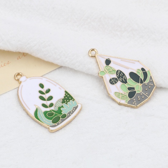 Picture of Zinc Based Alloy Pendants Gold Plated White & Green Enamel 34mm x 20mm, 5 PCs