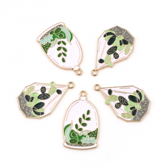 Picture of Zinc Based Alloy Pendants Gold Plated White & Green Enamel 34mm x 20mm, 5 PCs