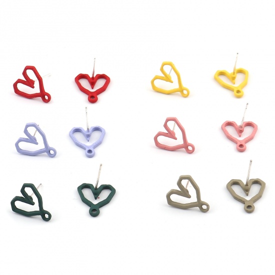 Image de Boucles d'Oreilles Puces Laqué en Alliage de Zinc Cœur Multicolore avec Boucle 13mm x 12mm, 4 Pcs