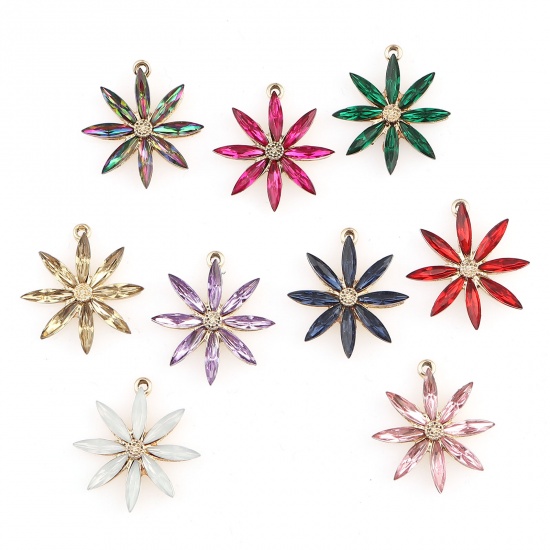 Picture of Zinc Based Alloy Charms Flower Gold Plated Multicolour Cubic Zirconia 28mm x 26mm, 5 PCs