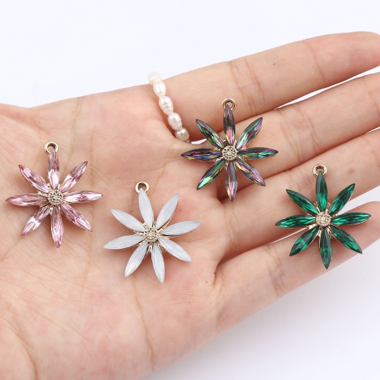 Picture of Zinc Based Alloy Charms Flower Gold Plated Multicolour Cubic Zirconia 28mm x 26mm, 5 PCs