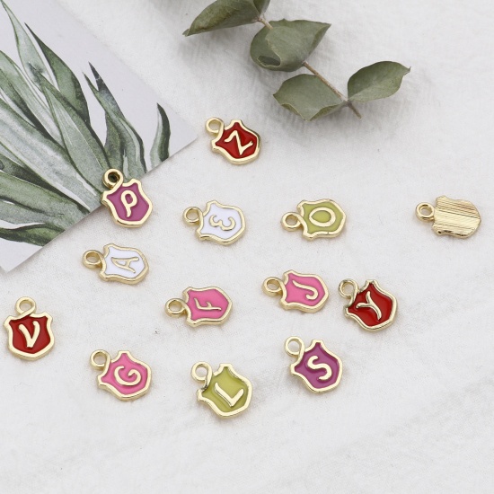 Picture of Zinc Based Alloy Charms Shield Gold Plated Red Initial Alphabet/ Capital Letter Message " Z " Enamel 14mm x 10mm, 10 PCs