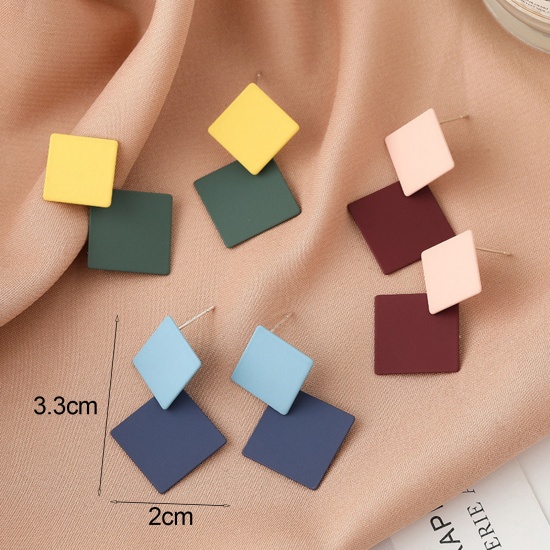 Picture of Acrylic Ear Post Stud Earrings Pink Rhombus Painted 33mm x 20mm, 1 Pair