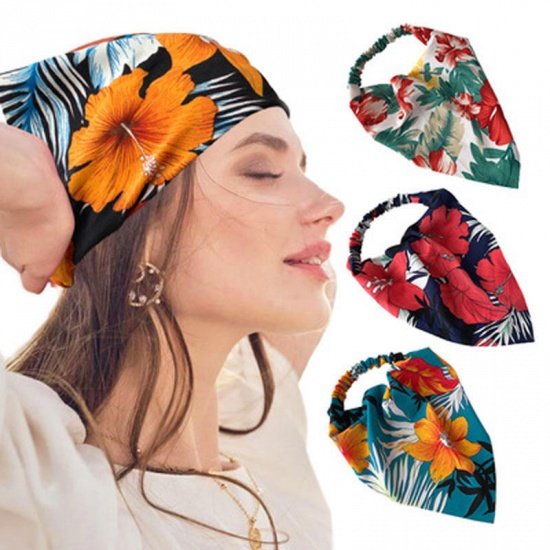Picture of White - Women Floral Printed Dust-proof Triangular Elastic Hair Headband Kerchief Turban Bandanas 50cm long, 1 Piece