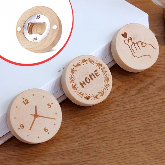 Immagine di Beige - Grain Multifunction Wooden Corkscrew Refrigerator Fridge Magnet For Message Home Decoration 6.3cm Dia., 1 Piece