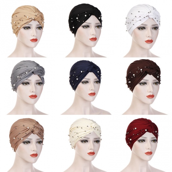 Picture of Wine Red - Polyester Elastane Imitation Pearls Beaded Tied Knot Women's Turban Hat M（56-58cm）, 1 Piece