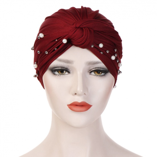 Immagine di Wine Red - Polyester Elastane Imitation Pearls Beaded Tied Knot Women's Turban Hat M（56-58cm）, 1 Piece