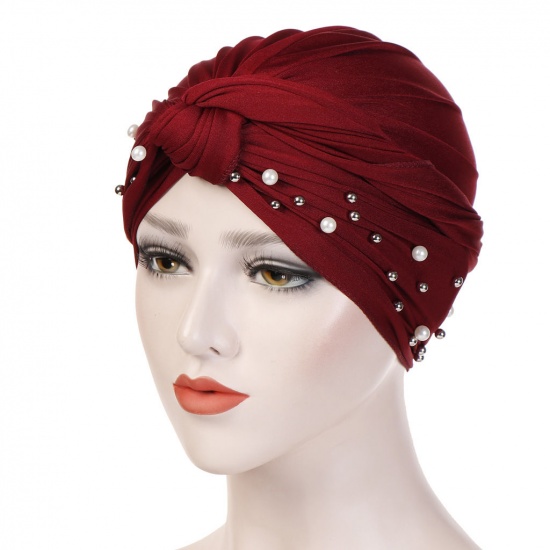 Immagine di Wine Red - Polyester Elastane Imitation Pearls Beaded Tied Knot Women's Turban Hat M（56-58cm）, 1 Piece