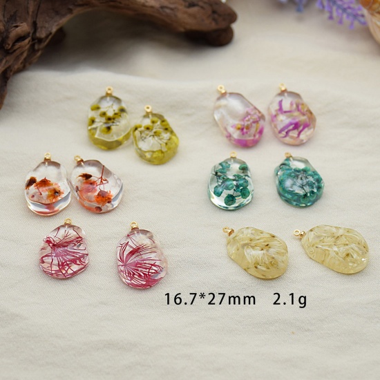 Picture of Resin & Real Dried Flower Charms Irregular Fuchsia Transparent 27mm x 17mm, 2 PCs