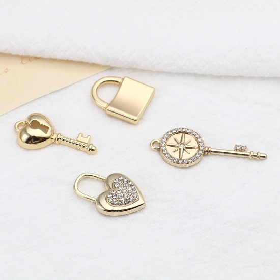 Picture of Zinc Based Alloy Micro Pave Pendants Key Gold Plated Star Clear Rhinestone 33mm x 13mm, 5 PCs
