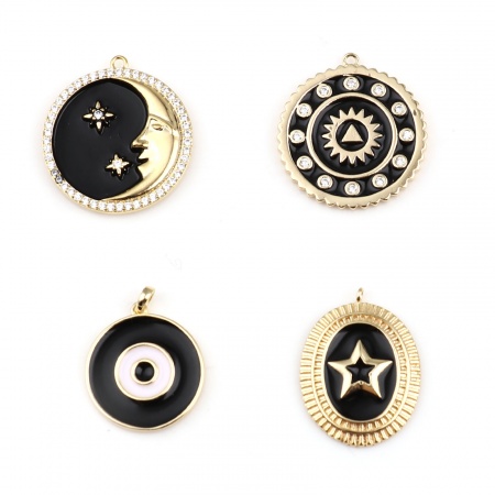 Breloques Galaxie en Laiton Demi Lune Plaqué Or Véritable 18K Noir Etoile Émail 1 Pièce