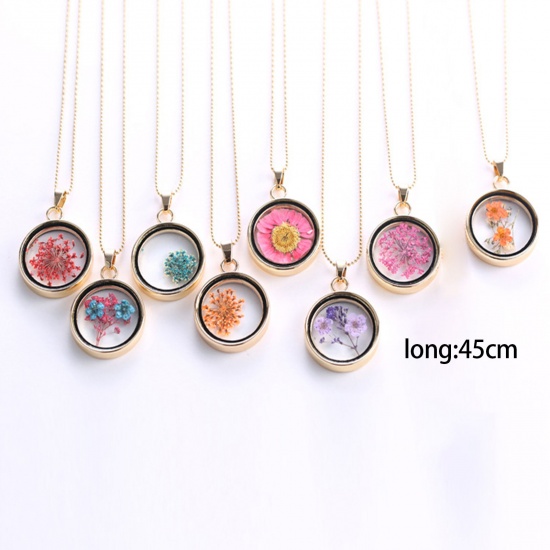 Picture of Real Dried Flower Necklace Gold Plated Orange Round 45cm(17 6/8") long, 1 Piece