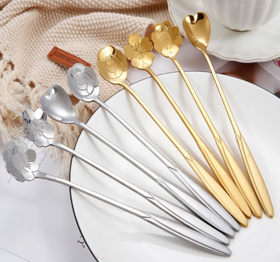 Immagine di Golden - Coreopsis Stainless Steel Long Handle Coffee Spoon Flatware Cutlery Tableware 17.9cm long, 2 PCs
