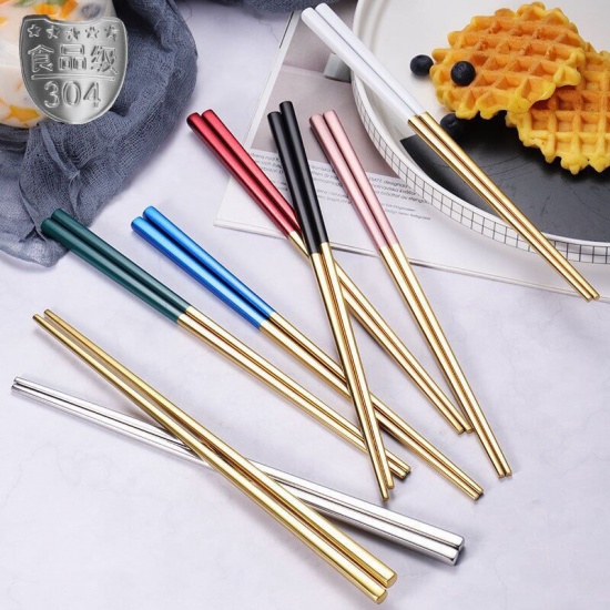 Picture of Red - Stainless Steel Anti-Slip Anti-Mildew And Antibacterial Square Chopsticks 23x1.3cm, 1 Pair