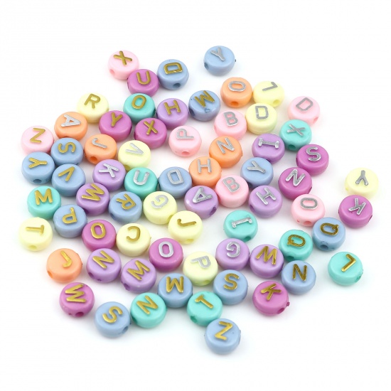 Picture of Acrylic Beads Capital Alphabet/ Letter At Random Color At Random Pattern About 10mm Dia., Hole: Approx 2.3mm, 200 PCs