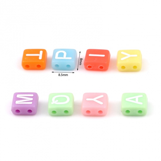 Picture of Acrylic Beads Two Holes Rectangle Multicolor Initial Alphabet/ Capital Letter Pattern About 8.5cm x 8cm, Hole: Approx 1.5mm, 300 PCs