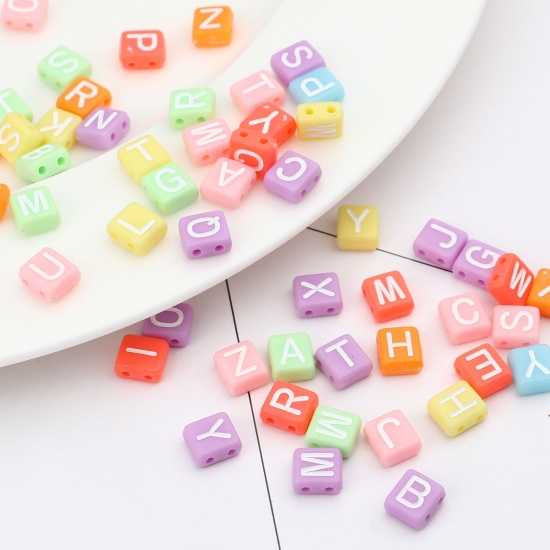 Picture of Acrylic Beads Two Holes Rectangle Multicolor Initial Alphabet/ Capital Letter Pattern About 8.5cm x 8cm, Hole: Approx 1.5mm, 300 PCs