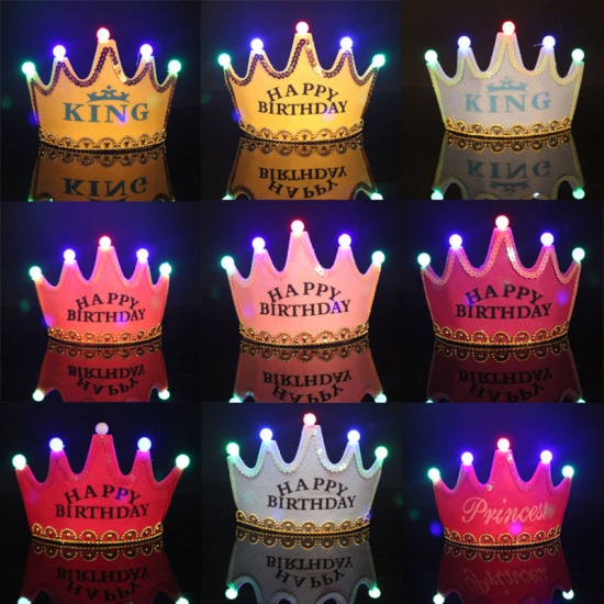 Picture of Pink - Happy Birthday Glitter Nonwoven LED Light Crown Hat Birthday Party Supplies For Children And Adults 11.5x12.2cm, 1 Piece
