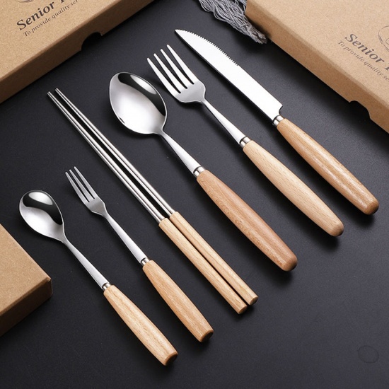 Picture of Silver Tone - Stainless Steel & Beech Wood Knife Fork Spoon Flatware Cutlery Tableware 21.5cm long - 20cm long, 1 Set（3 PCs/Set）