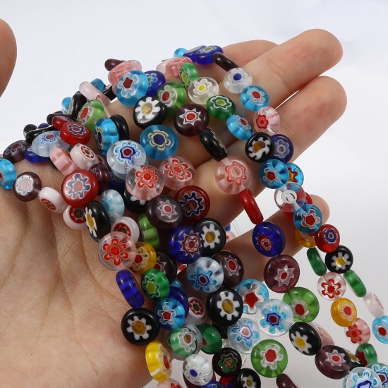 Picture of Lampwork Glass Millefiori Beads Flat Round At Random Color Flower 1 Strand