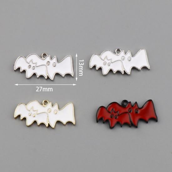 Picture of Zinc Based Alloy Charms Halloween Bat Animal Silver Tone White Enamel 27mm x 13mm, 10 PCs