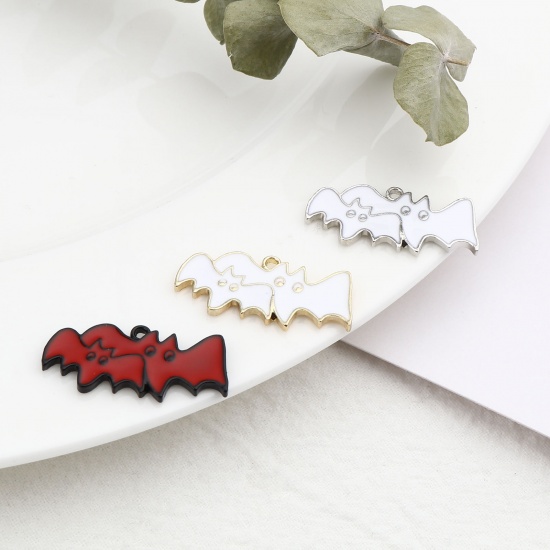 Picture of Zinc Based Alloy Charms Halloween Bat Animal Silver Tone White Enamel 27mm x 13mm, 10 PCs