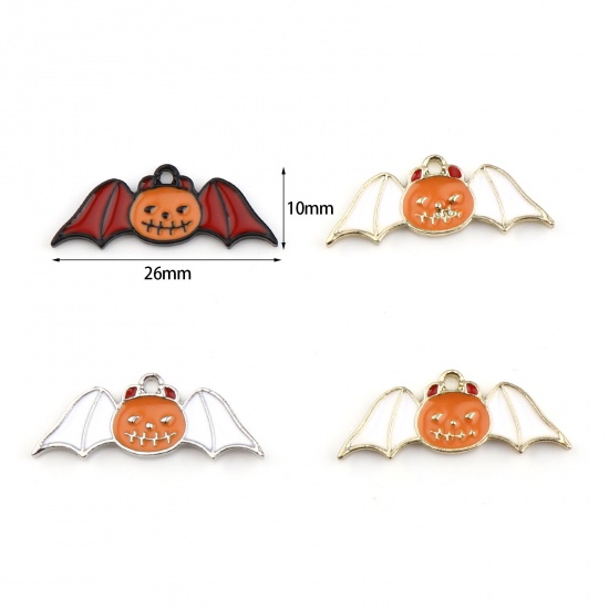 Picture of Zinc Based Alloy Charms Pumpkin Silver Tone White & Orange Halloween Bat Enamel 26mm x 10mm, 10 PCs
