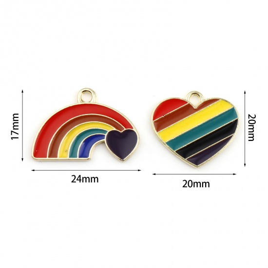 Immagine di Lega di Zinco Tempo Collezione Charms Arcobaleno Multicolore Cuore Smalto 24mm x 17mm , 10 Pz