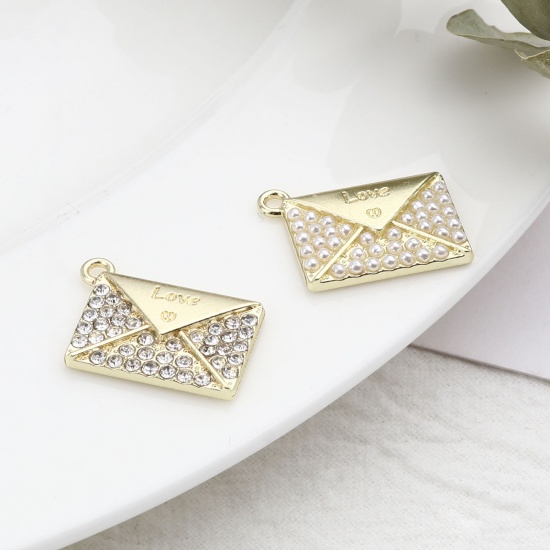 Picture of Zinc Based Alloy Charms Envelope Gold Plated White Imitation Pearl 20mm x 15mm, 5 PCs