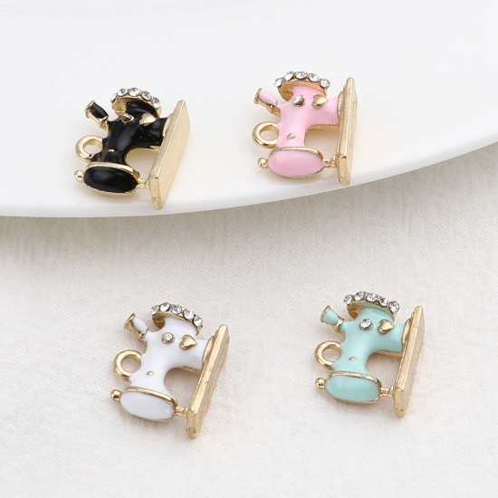 Picture of Zinc Based Alloy Charms Sewing Machine Gold Plated White Enamel White Rhinestone 16mm x 14mm, 5 PCs